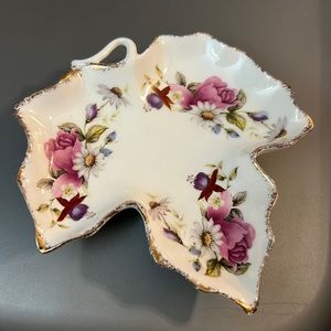 Vintage Bone China Trinket Dish Flambro Summer Rose Gold Leaf 5” Hand Painted